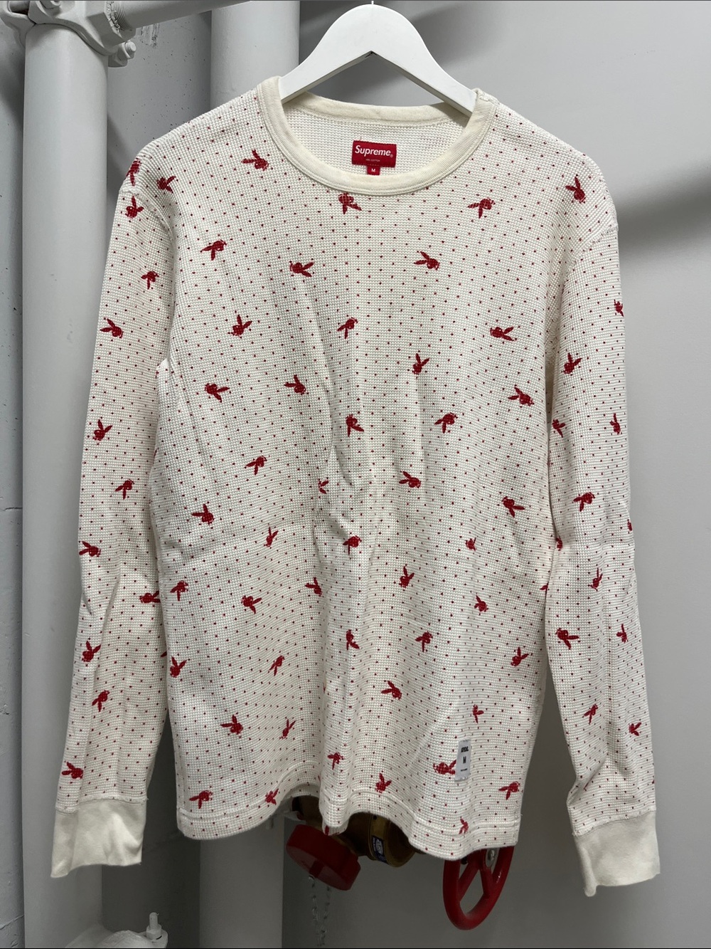 Supreme White Thermal Crew with Red Playboy Bunny Motifs